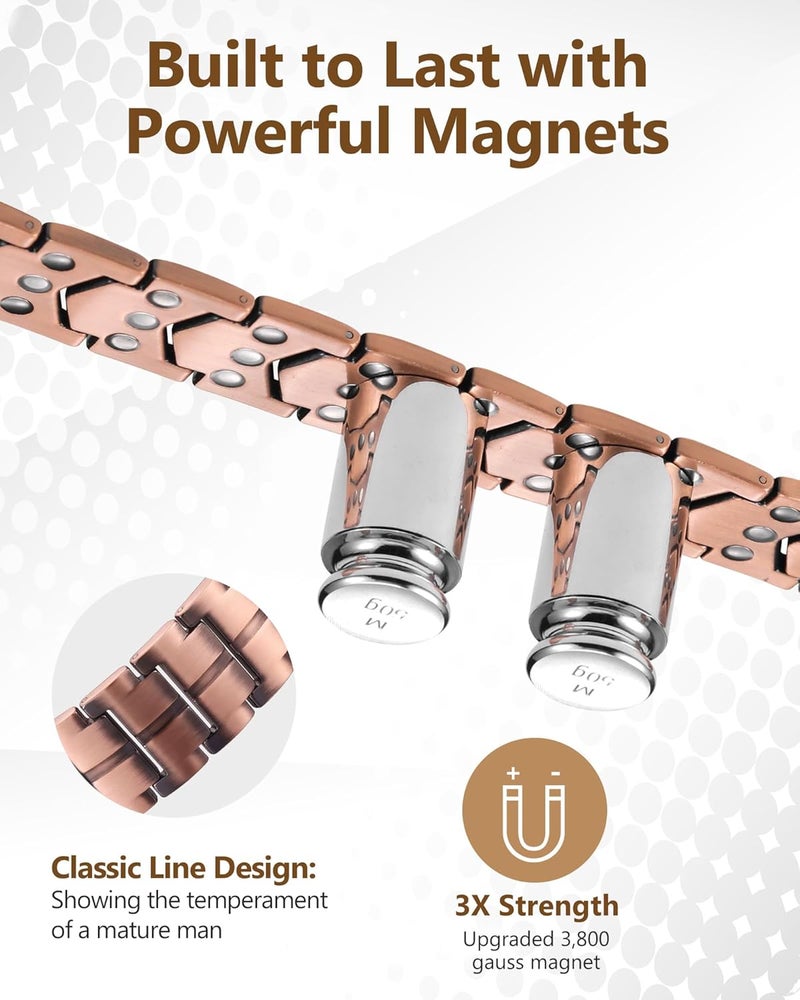 Feraco Copper Bracelet for Men 3X Strength,Magnetic Therapy Bracelet Copper Jewelry with Powerful 3800 Gauss Magnets - Image 3